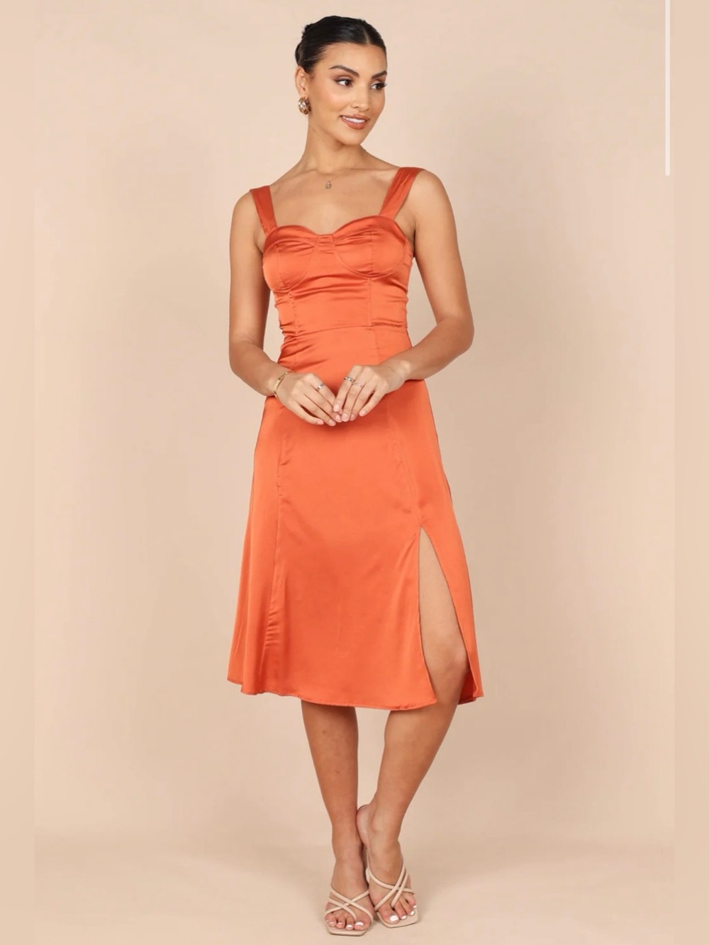 Satin Orange Midi Dress with Side Slit